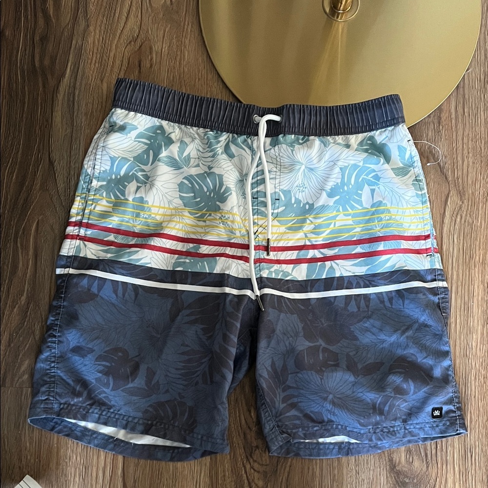 Micros Boys Blue Floral Stripe Swim Trunks with Drawstring